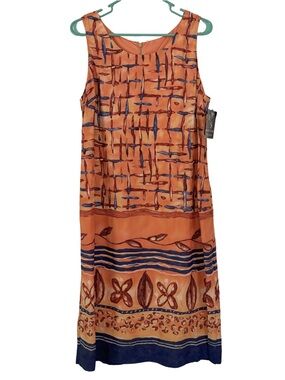 3/$20 Russell Scott Signature Sleeveless Orange & Navy Blue Printed Midi Dress